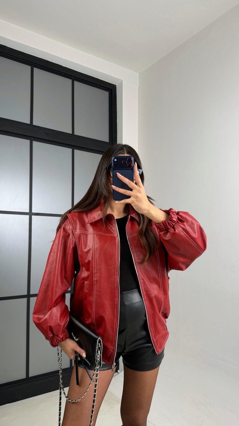 Kırmızı Dikiş Detaylı Astarlı Deri Ceket GAUS-00908