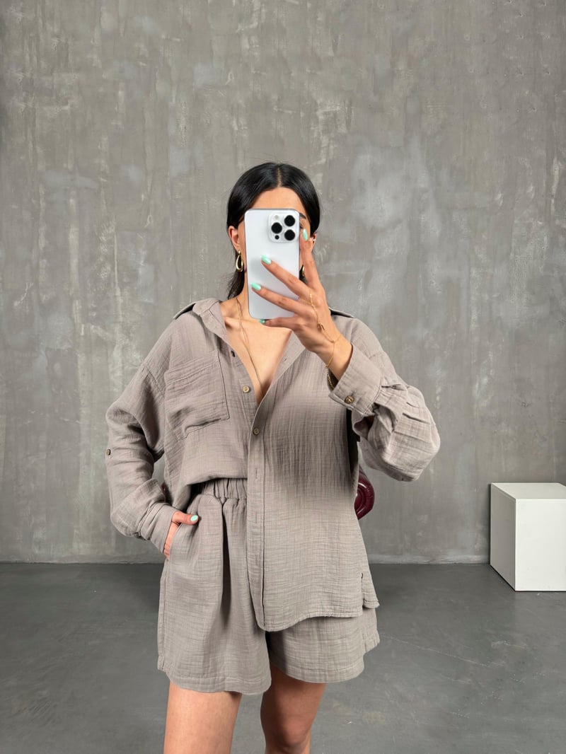 Vizon Cepli Gömlek Beli Lastikli Şort Takım Gaus00226
