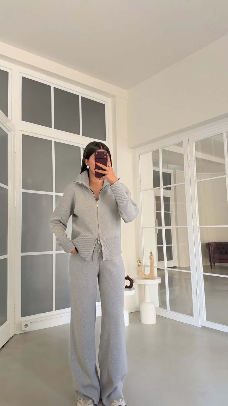 Gri Çift Fermuarlı Hırka Beli Lastikli Pantolon İkili Triko Takım GAUS-02169