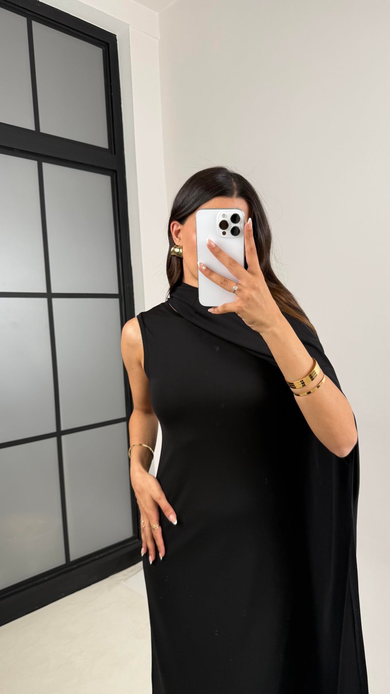 Siyah Pelerinli Elbise Modal Premium Takım Gaus00625