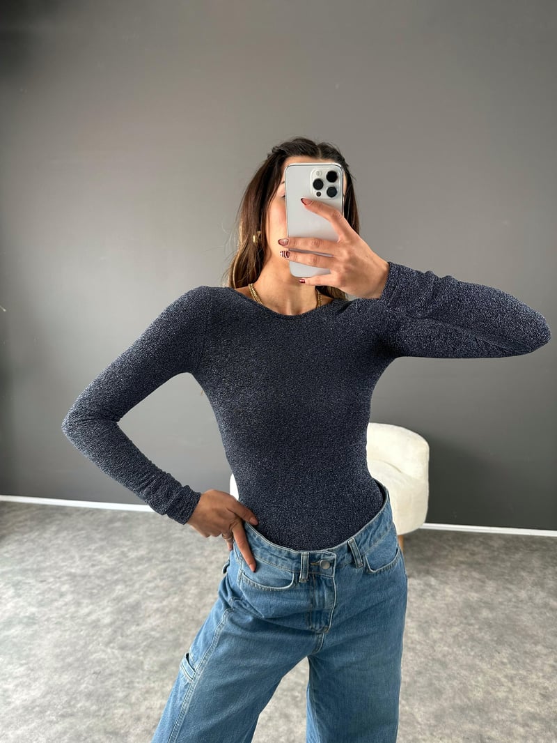 Gece Mavi Simli Bodysuit