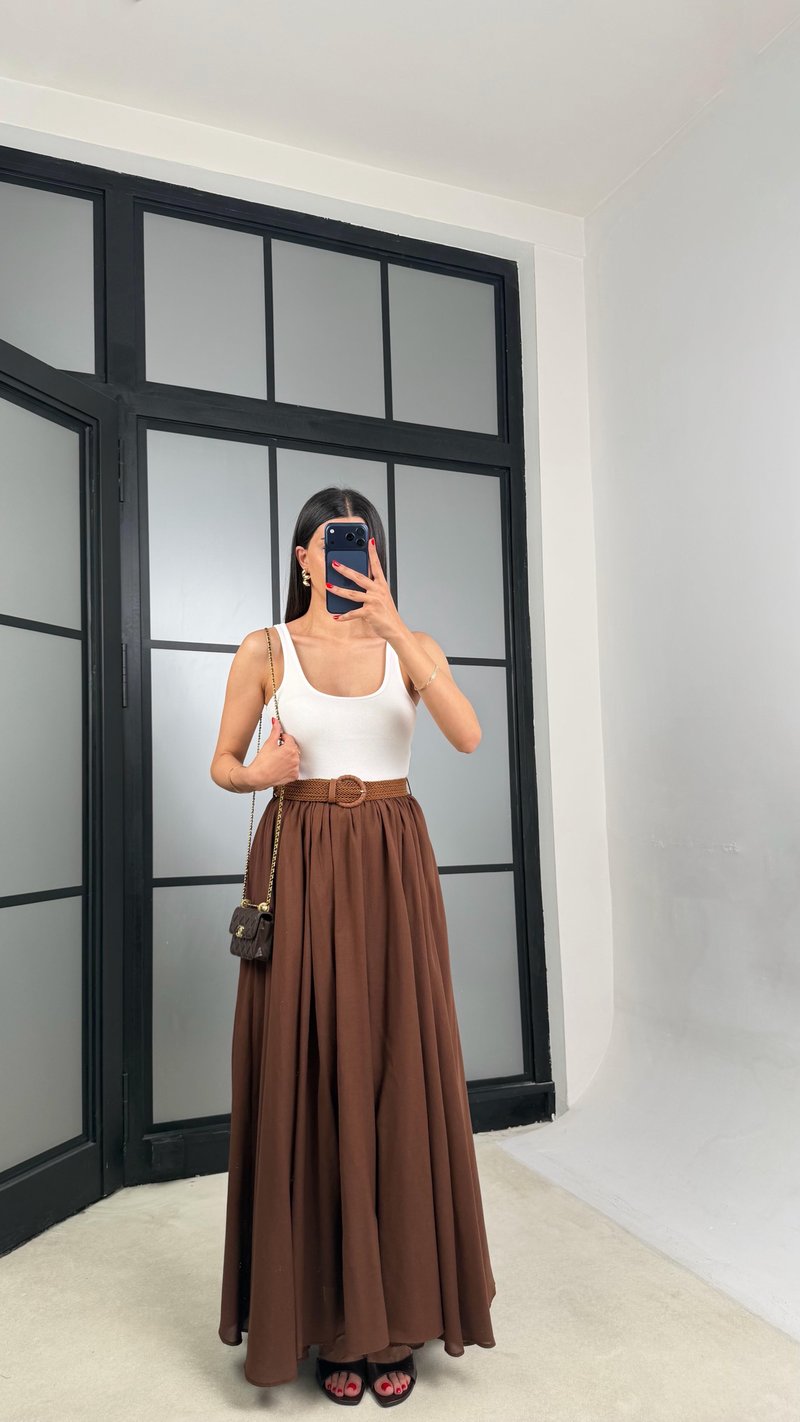 Kahve Kemerli Astarlı Etek GAUS-01549