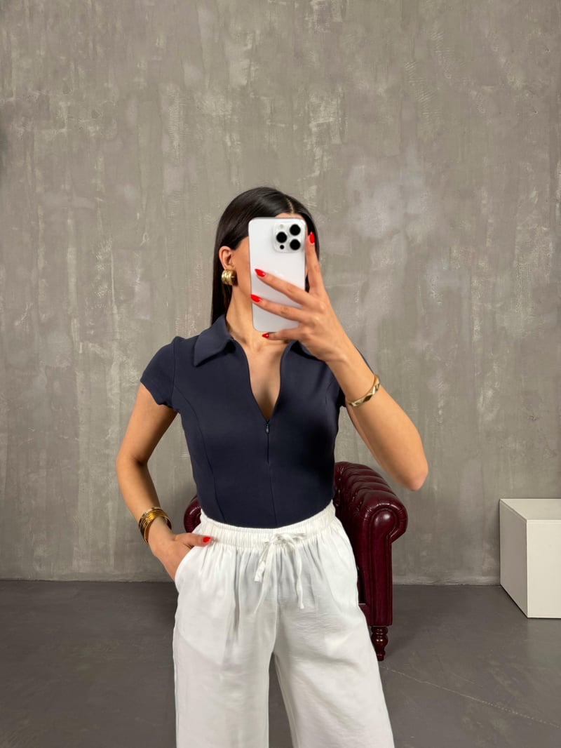 Lacivert Polo Yaka Ön Fermuarlı Tshirt Gaus00191