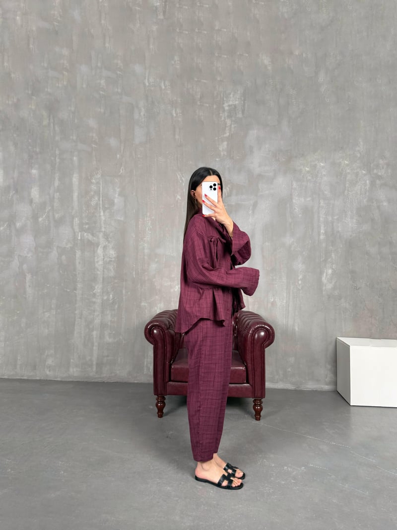 Bordo Kareli Keten Takım Gaus00194