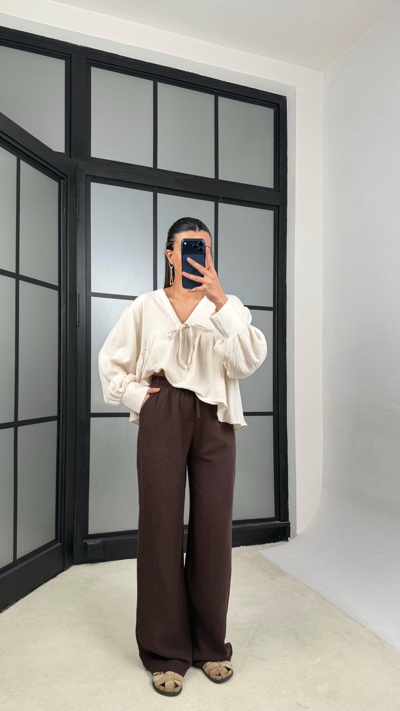 Acı Kahve Beli Lastikli Müslin Pantolon GAUS-01149