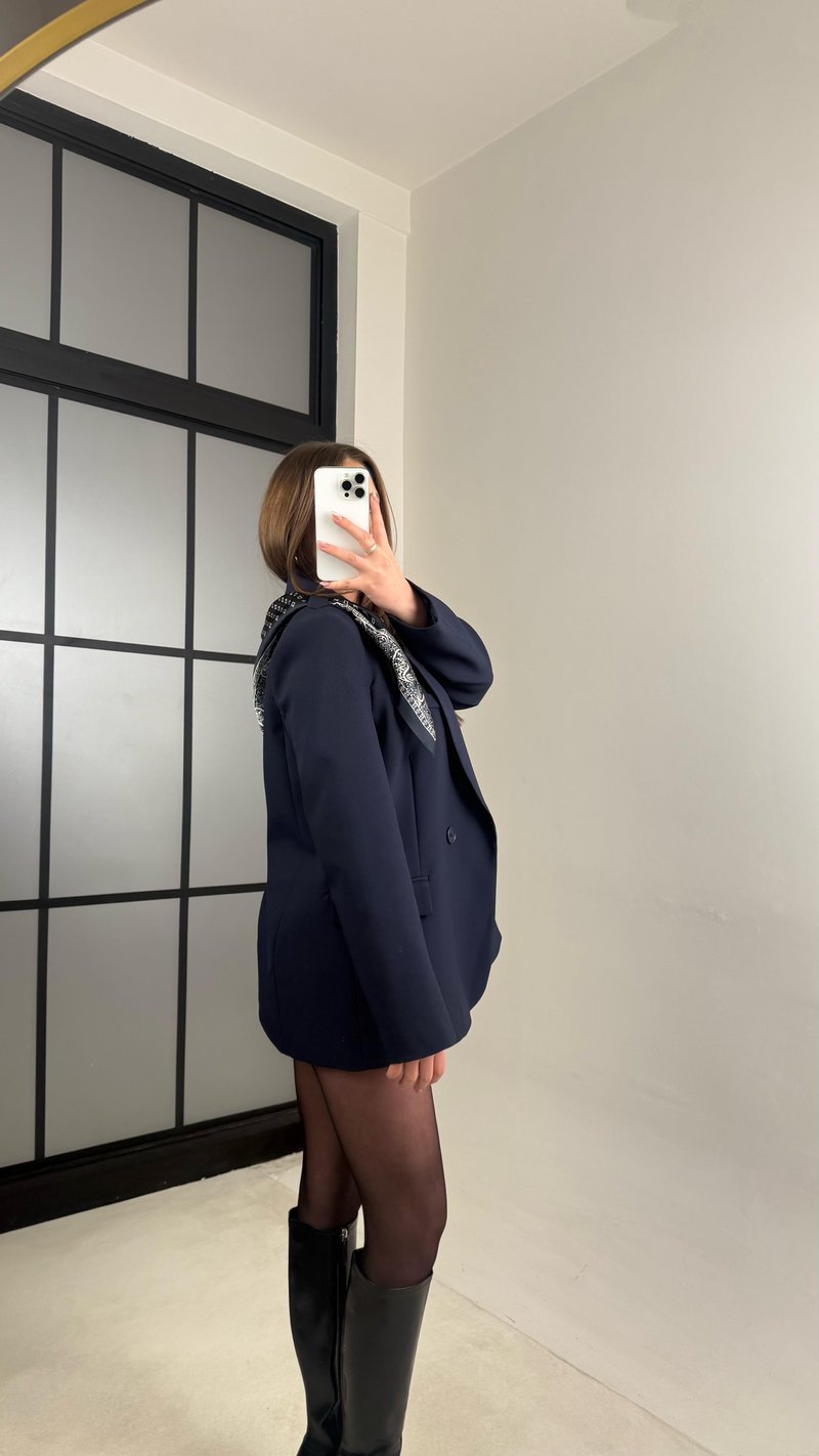 Lacivert Astarlı Vatkalı Fular Detaylı Blazer Ceket GAUS-00976