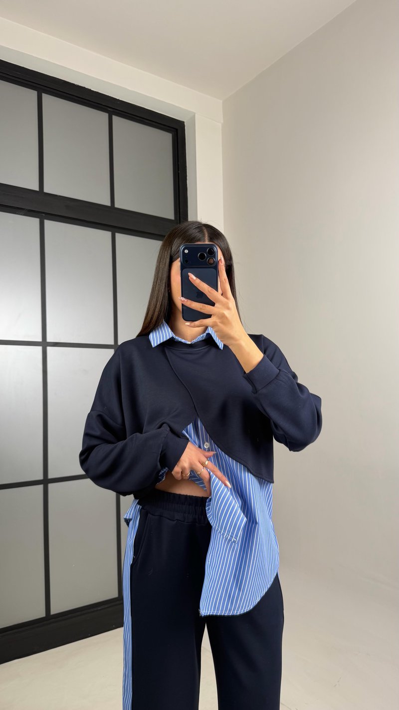 Lacivert Çizgili 3lü Modal Kumaş Takım GAUS-00884