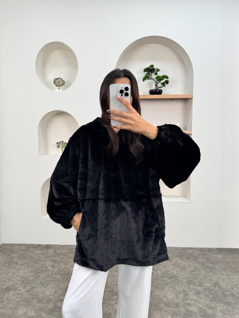 MD Siyah Peluş Oversize Kapüşonlu Sweatshirt