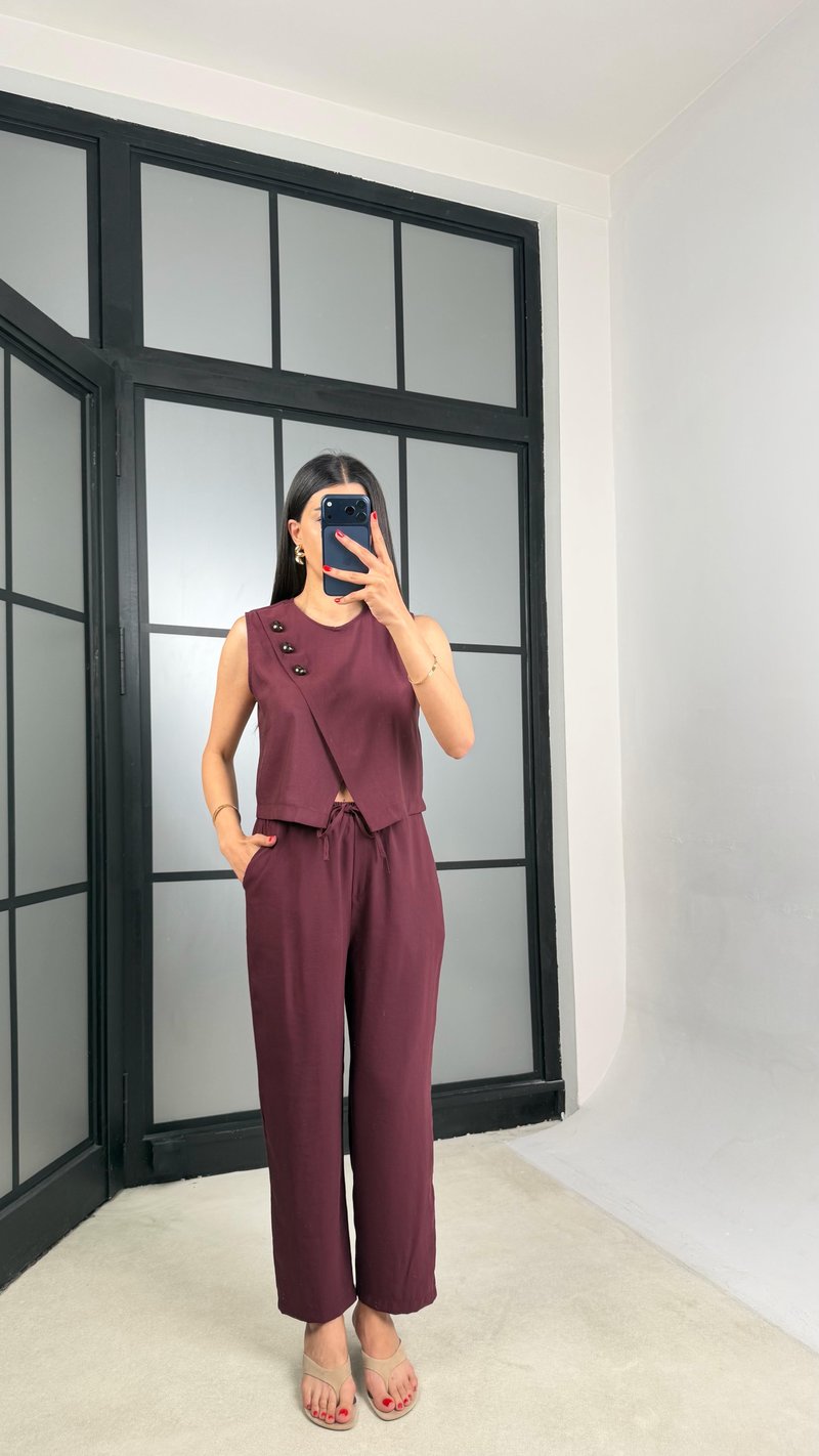 Mürdüm Yelek Beli Lastikli Pantolon Premium Takım GAUS-01538