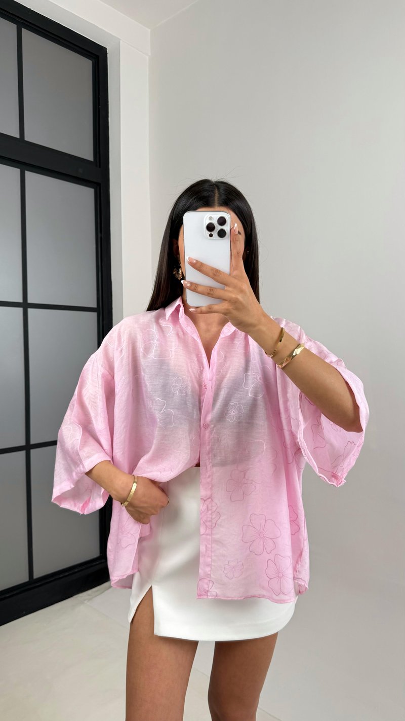 Pembe Çiçek Desenli Tencel Gömlek Gaus00544
