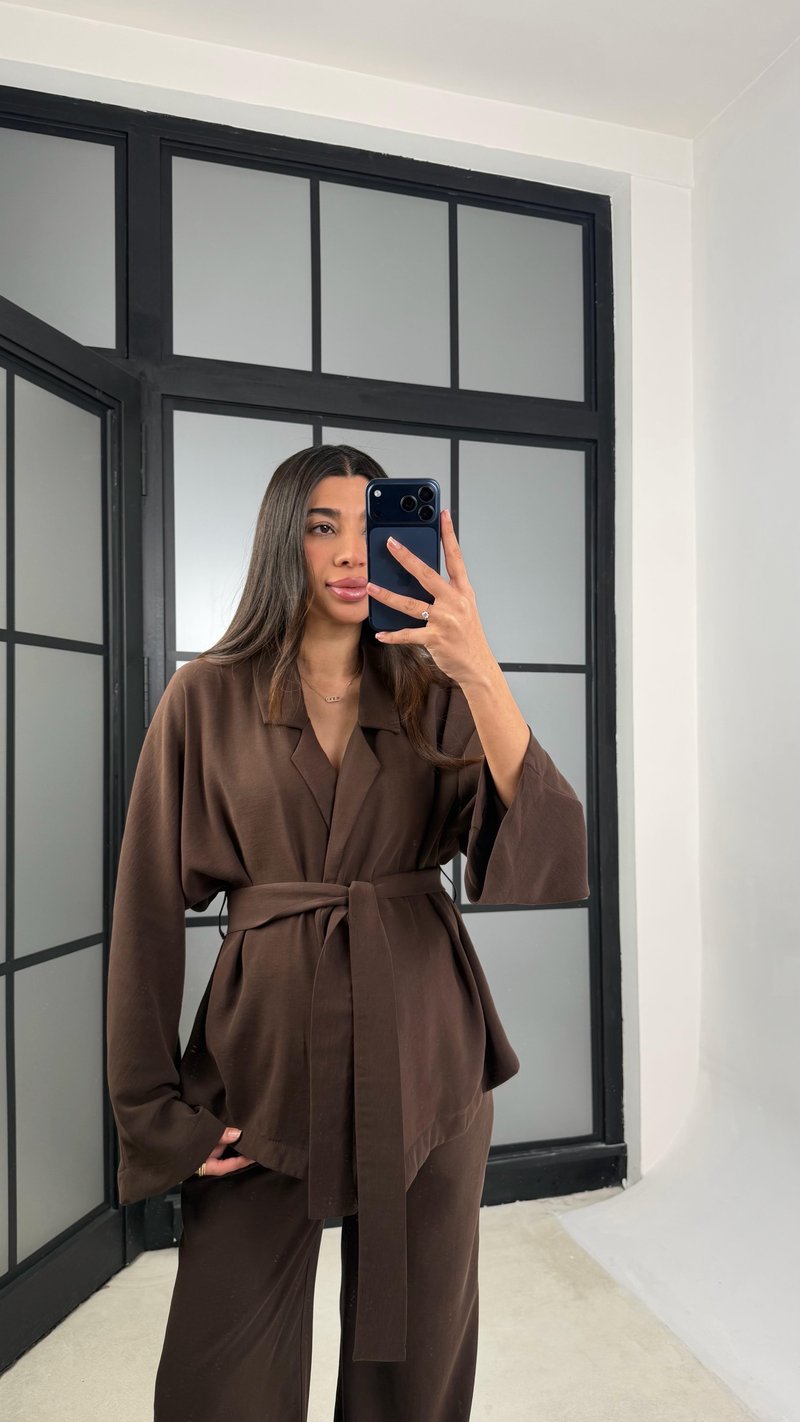 Acı Kahve Kuşaklı Ceket Beli Lastikli Pantolon Tencel Takım GAUS-01128