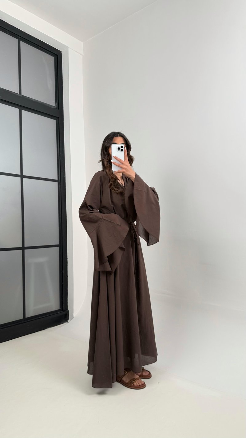 Acı Kahve Önü Bağlamalı Kuşaklı Astarlı Vual Kumaş Elbise Gaus00344