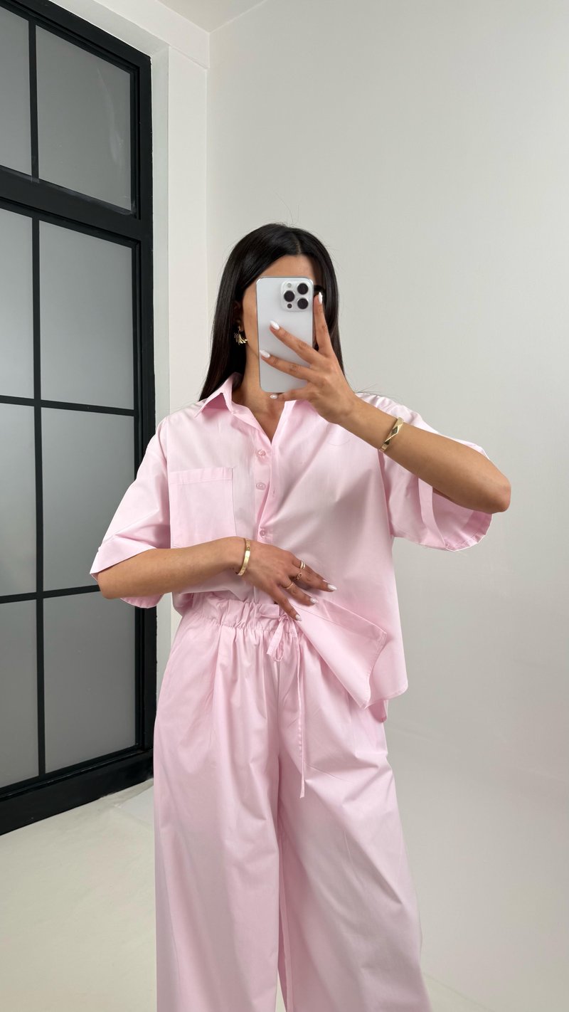 Pembe Yarım Kol Cepli Gömlek Beli Lastikli Pantolon Yarım Astarlı Pamuk Karışımlı Takım Gaus00356  