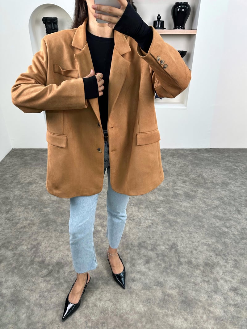 Taila Camel Astarlı Kemerli Süet Blazer Ceket
