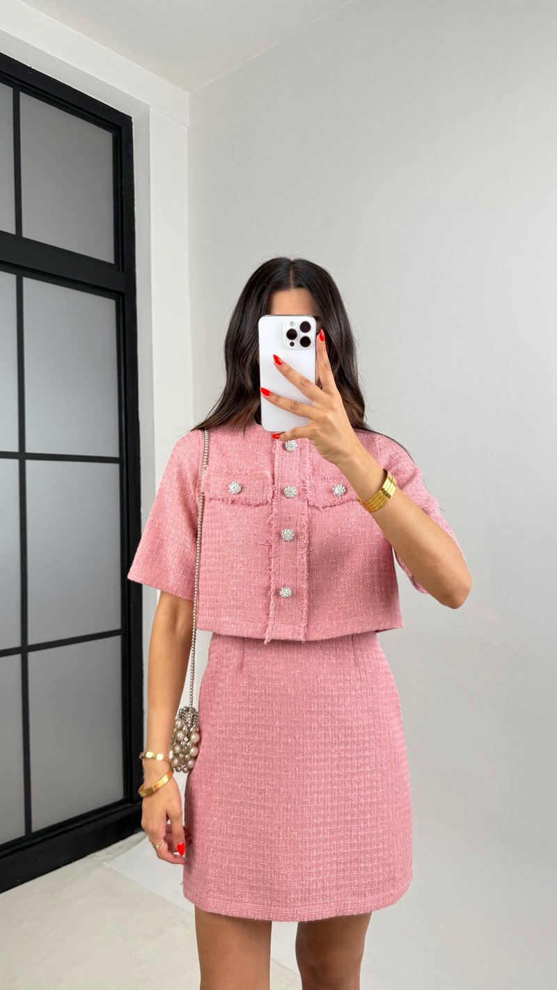 Pembe Düğme Detaylı Ceket Elbise İkili Tüvit Takım GAUS-0048