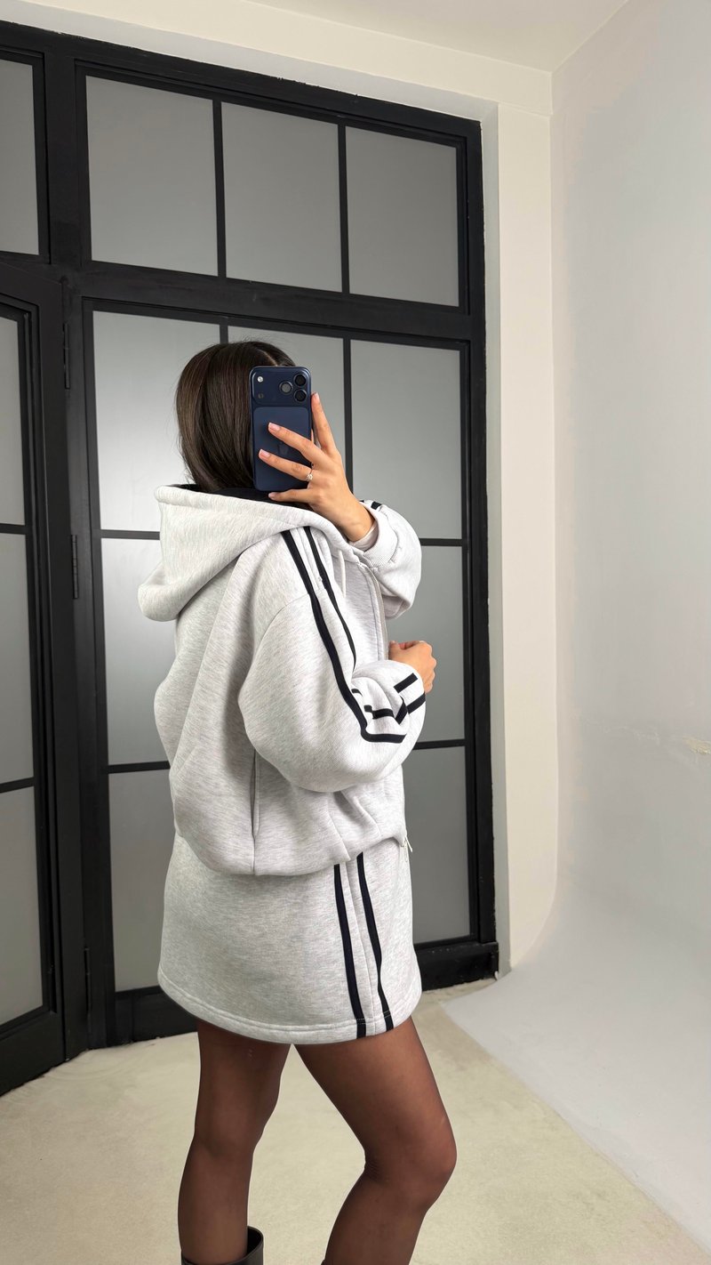 Gri Lacivert Şerit Detaylı Hırka Beli Bağcıklı Etek Şardonlu Takım Gaus-01174 GAUS-01175