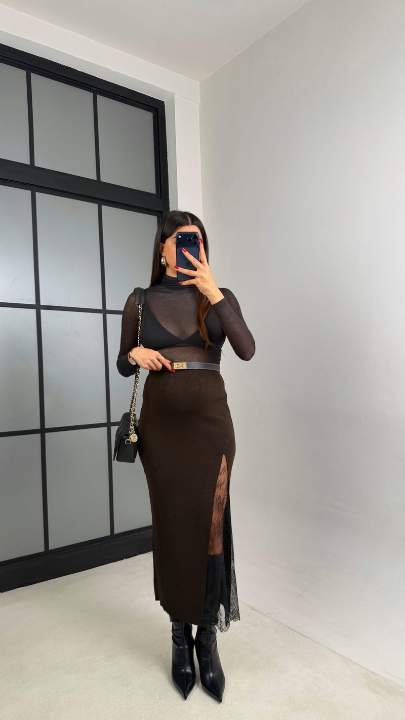 Kahve Dantel Yırtmaç Detaylı Triko Etek GAUS-00945