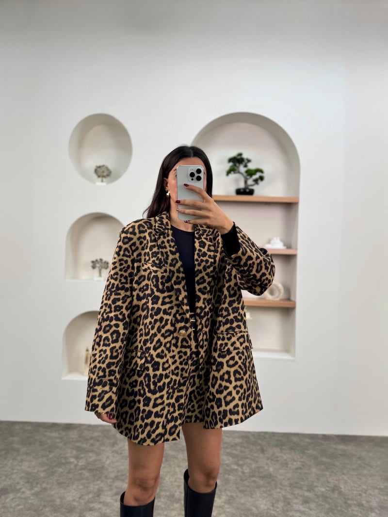 PRY Leopar Desenli Blazer Astarlı Ceket