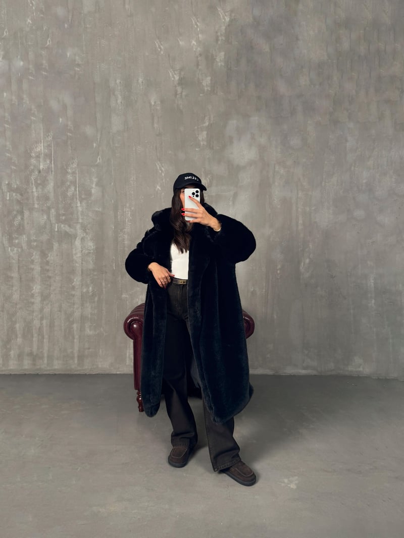 Wody Siyah Astarlı Premium Kürk Kaban 