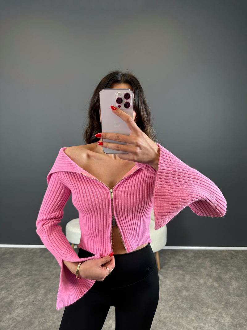 Pembe Çift Fermuarlı Kayık Yaka Triko Hırka
