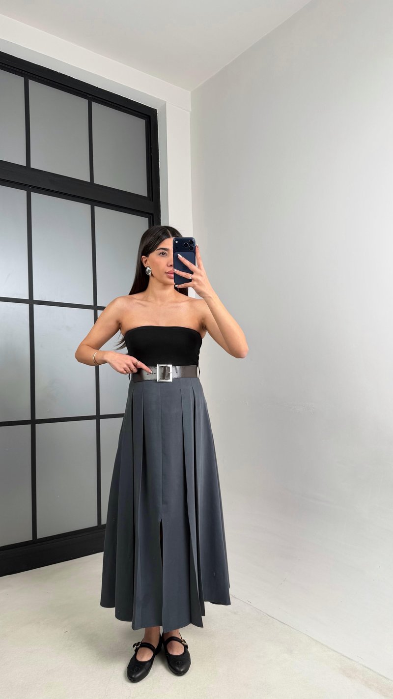 Antrasit Deri Kemerli Yırtmaçlı Tencel Etek GAUS-01088