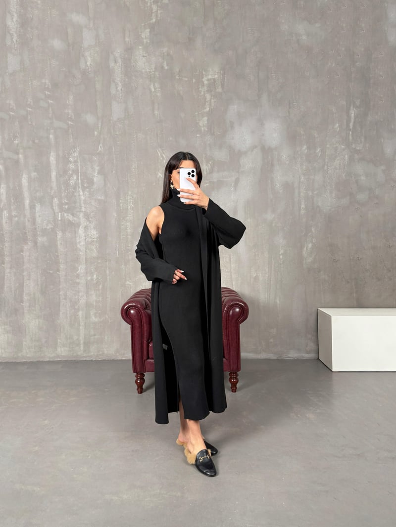 Sores Siyah Balıkçı Yaka Yandan Yırtmaçlı Elbise Triko Hırka İkili Takım