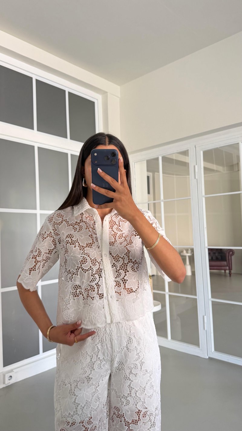 Beyaz Nakışlı Gömlek Beli Lastikli Astarlı Pantolon İkili Takım GAUS-01399