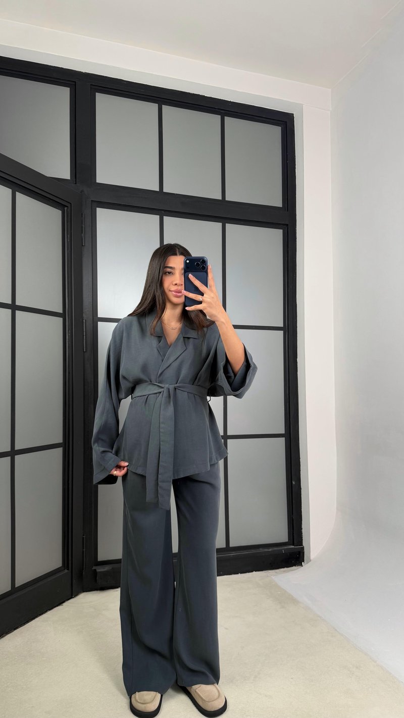Antrasit Kuşaklı Ceket Beli Lastikli Pantolon Tencel Takım GAUS-01128