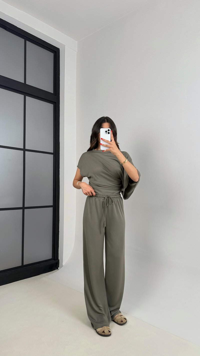 Haki Yarasa Kol Bluz Beli Lastikli Pantolon Tasarım Modal Kumaş Takım Gaus00490