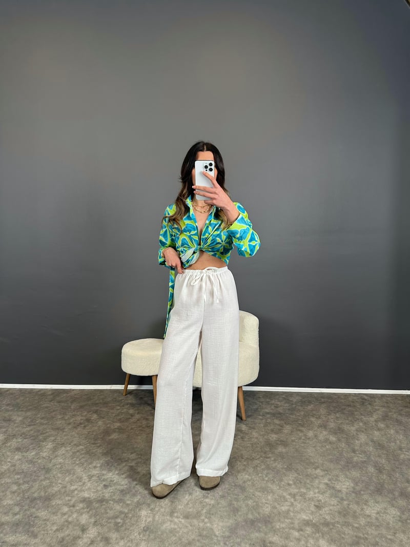 Nun Beyaz Keten Beli Lastikli Pantolon 