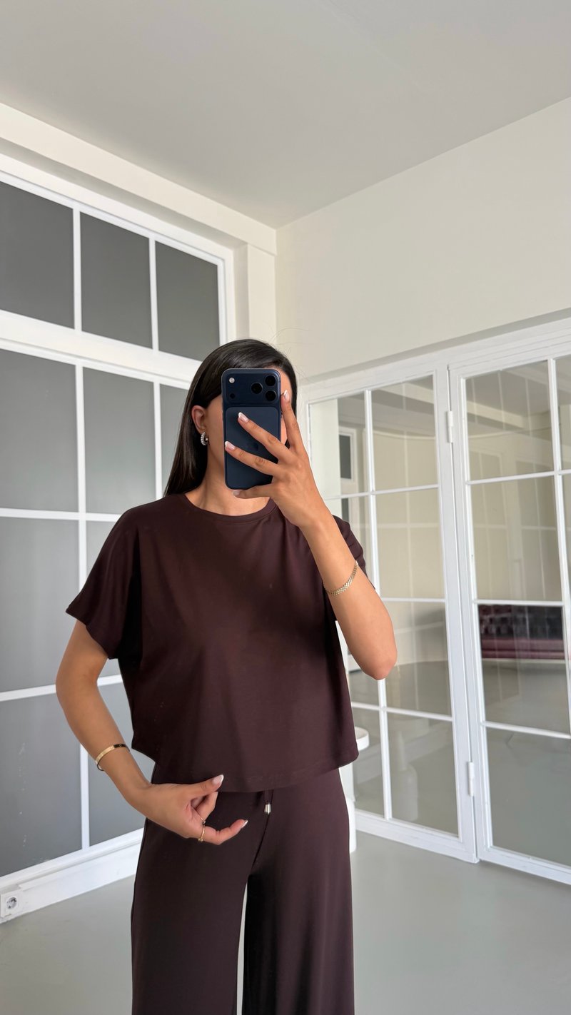 Kahve Bluz Beli Lastikli Pantolon İkili Basic Takım GAUS-01712