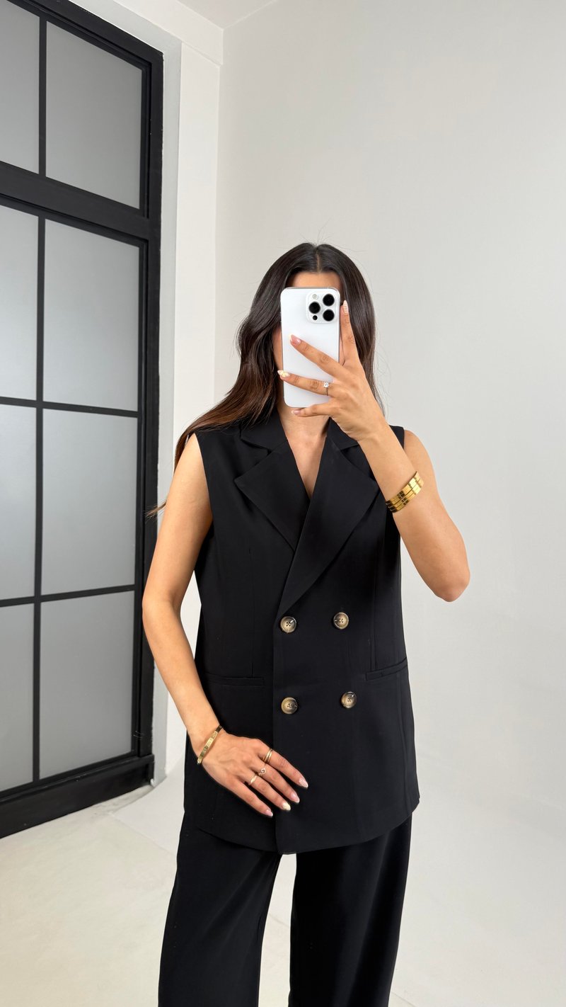 Siyah Önü Düğmeli Astarlı Yelek Beli Lastikli Pantolon Premium Kumaş Takım Gaus00653