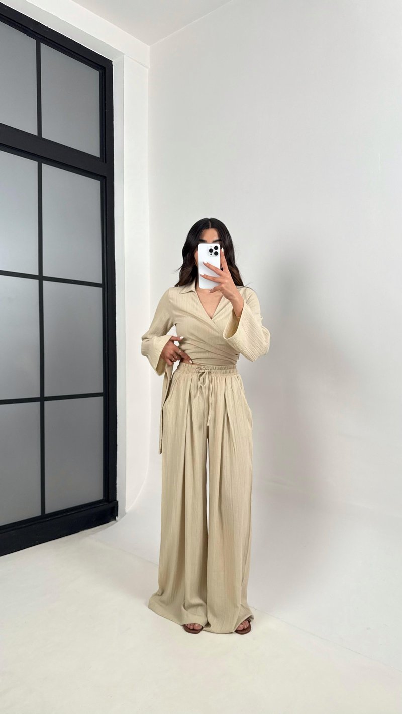 Taş Bağlamalı Üst Beli Lastikli Pantolon Gofre Takım Gaus00389 