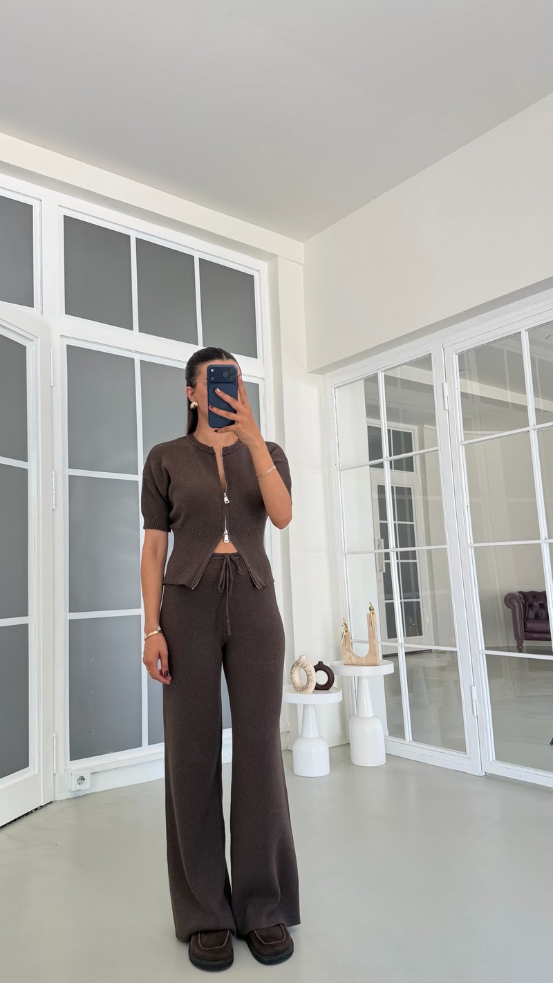 Kahve Çift Fermuarlı Bluz Beli Lastikli Pantolon İkili Triko Takım GAUS-01902