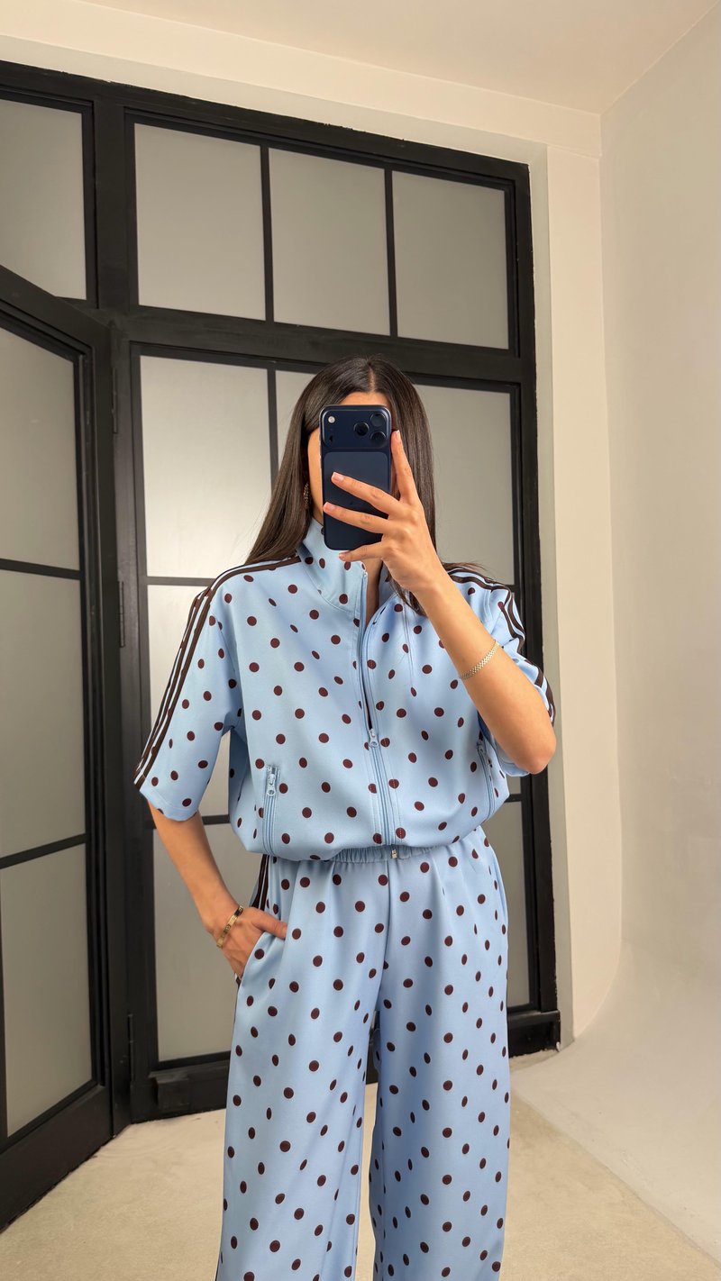 Mavi Ceket Beli Lastikli Pantolon Puantiye Desenli Tasarım Takım GAUS-01432