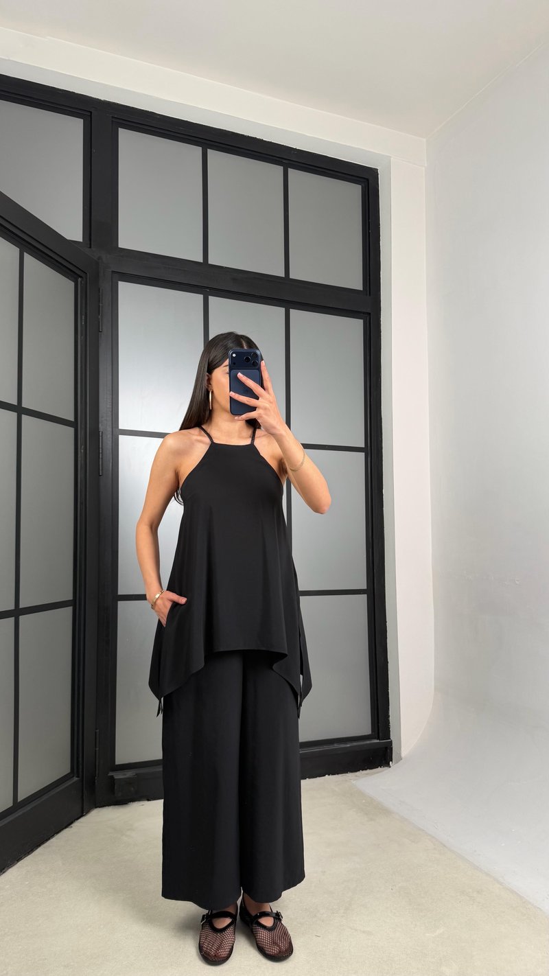 Siyah Örgü Askılı Tencel Tulum GAUS-01436