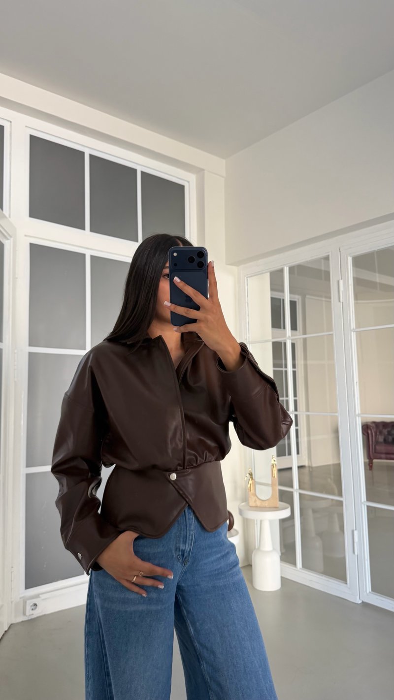 Kahve Düğme Detaylı Premium Deri Ceket GAUS-01992