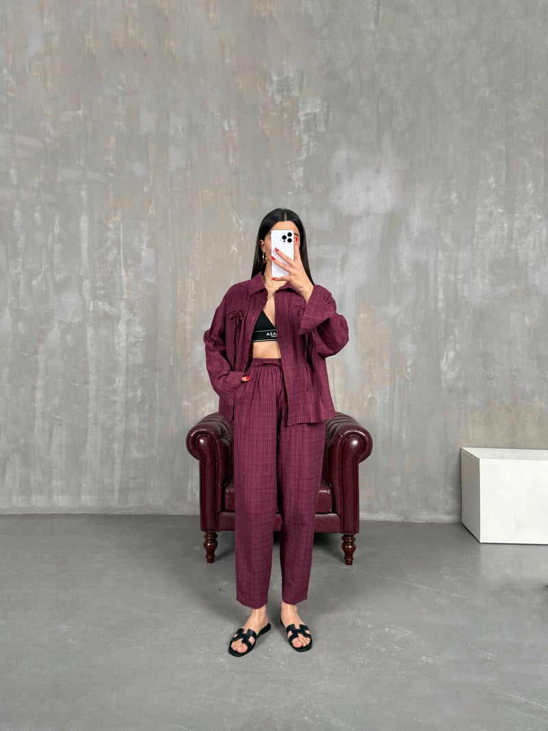 Bordo Kareli Keten Takım Gaus00194