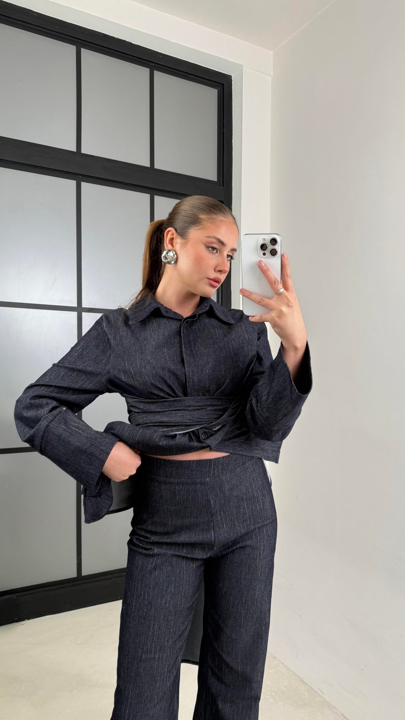 Lacivert Gümüş Çizgili Bağlama Detaylı Gömlek Pantolon Denim Takım GAUS-00638