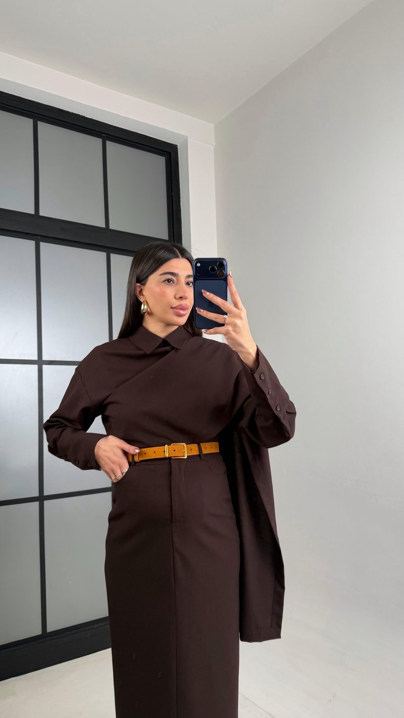 Acı Kahve Manşet Kol Yakası Şallı Gömlek Etek Muadil Takım GAUS-01053 GAUS-01102