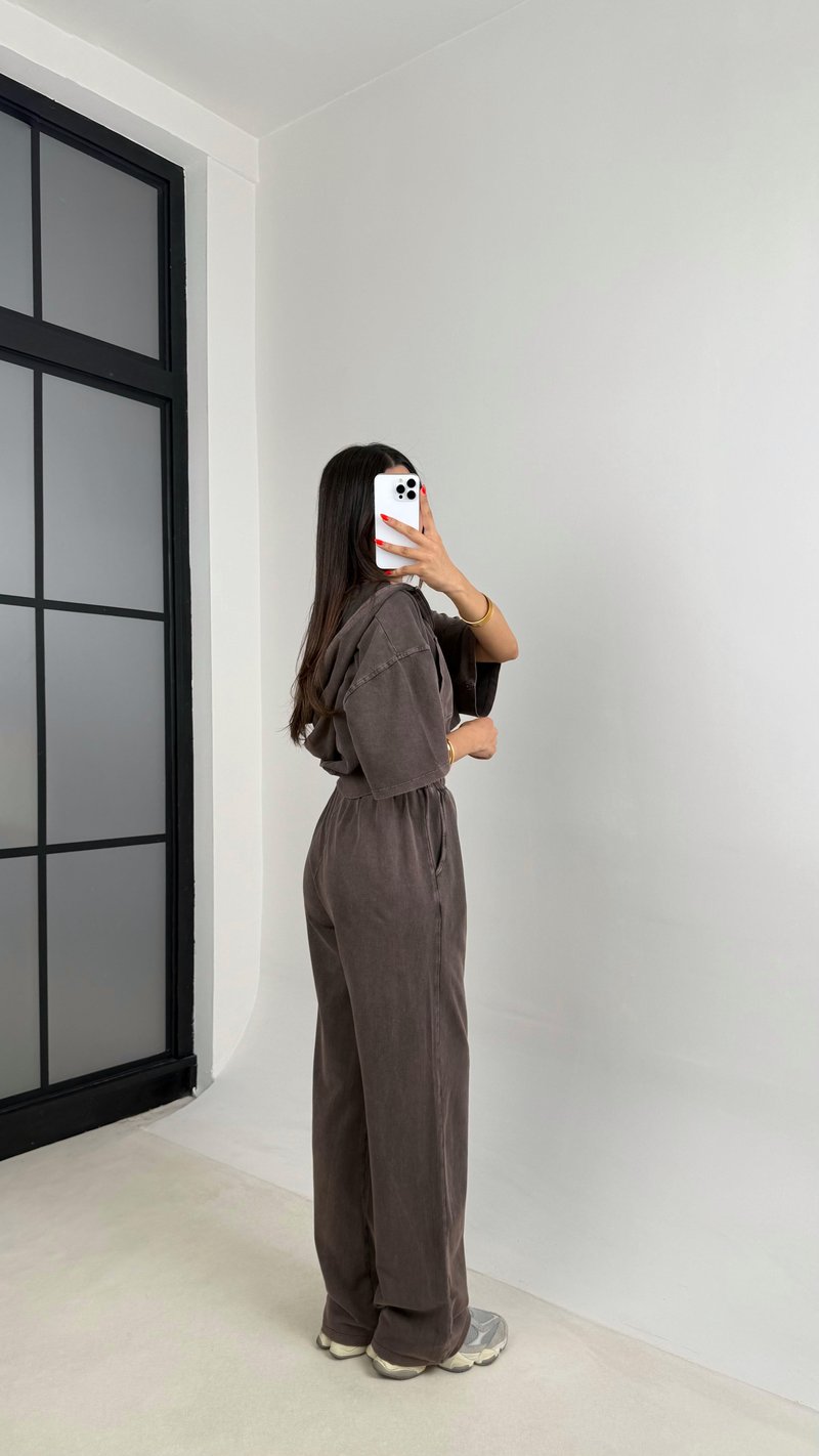 Kahve Yıkama Desenli Kapüşonlu Crop Hırka Beli Lastikli Pantolon İkili Premium Takım GAUS-0063
