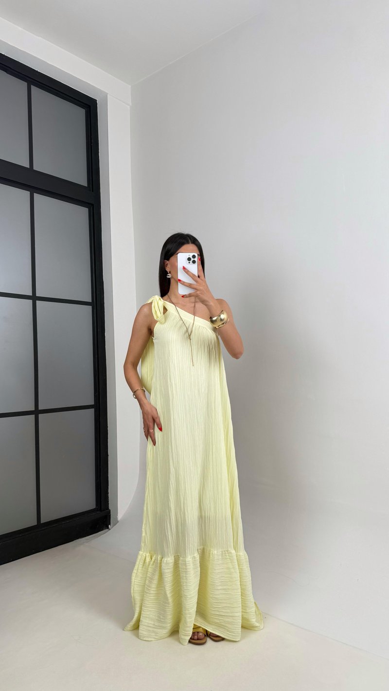Sarı Tek Omuz Astarlı Gofre Kumaş Elbise Gaus00497 