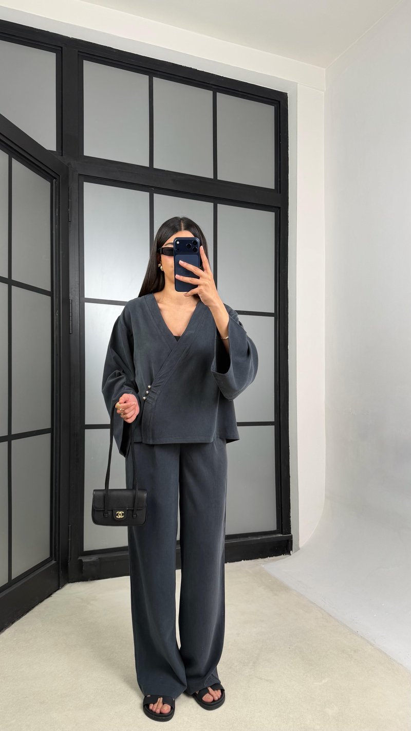 Füme Zımba Detaylı Kimono Pantolon MD Muadil Tencel Takım GAUS-01451