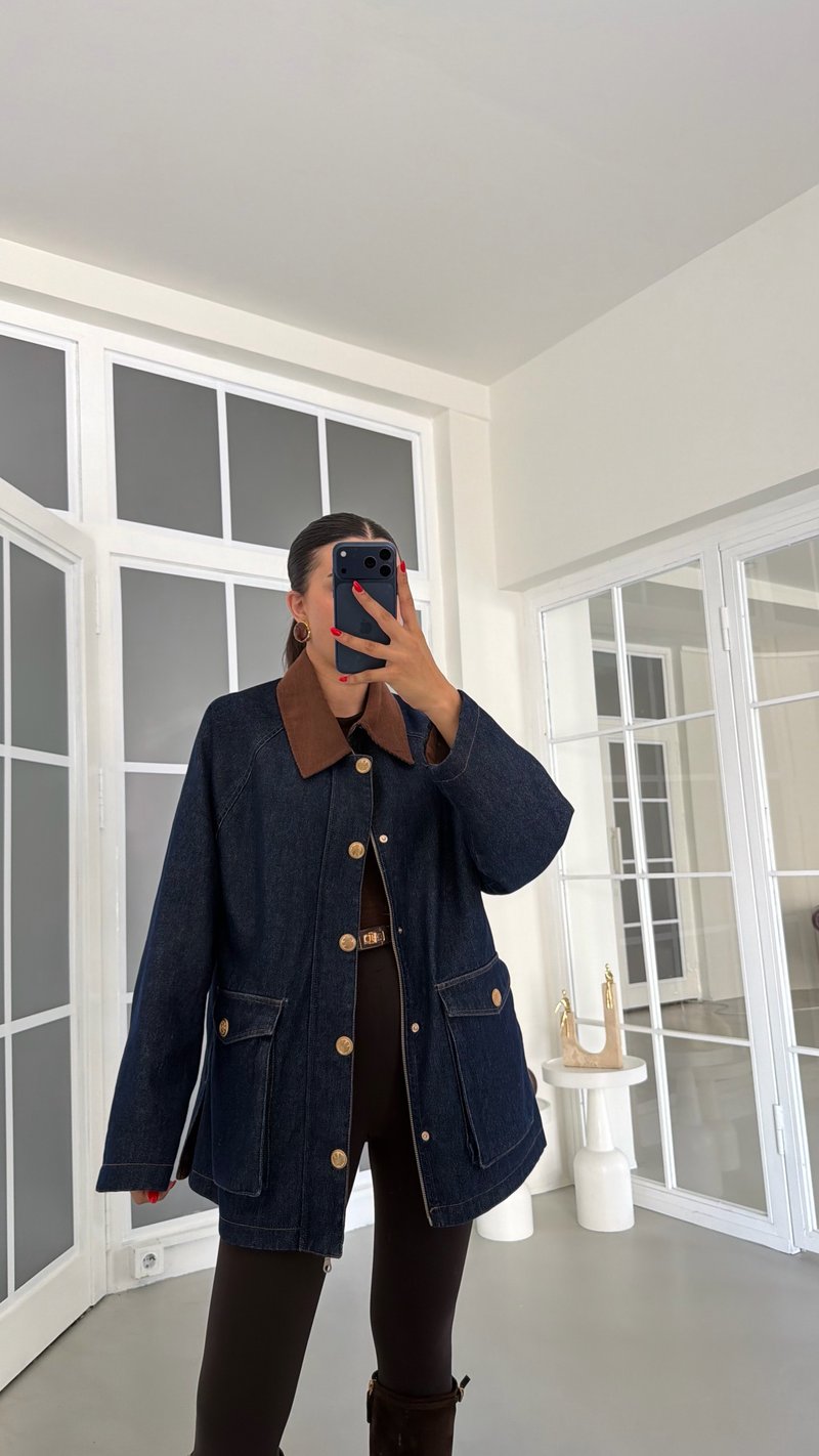 Lacivert Kadife Yaka Ekose Astarlı Denim Premium Ceket GAUS-01888