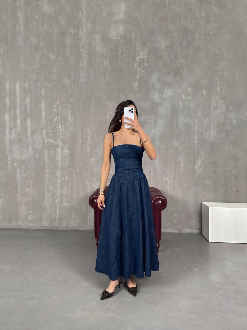 Mavi Straplez Ayarlanabilir Askılı Denim Elbise Gaus00050