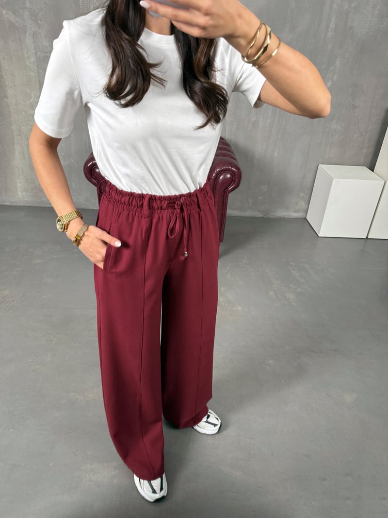 Giyan Bordo Beli Lastikli Çımalı Pantolon