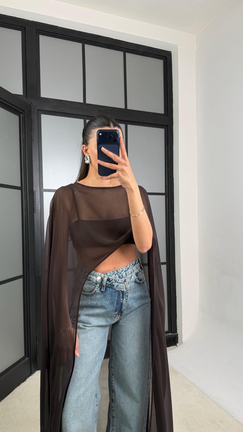 Acı Kahve Şifon Maxi Boy Pelerin GAUS-01457