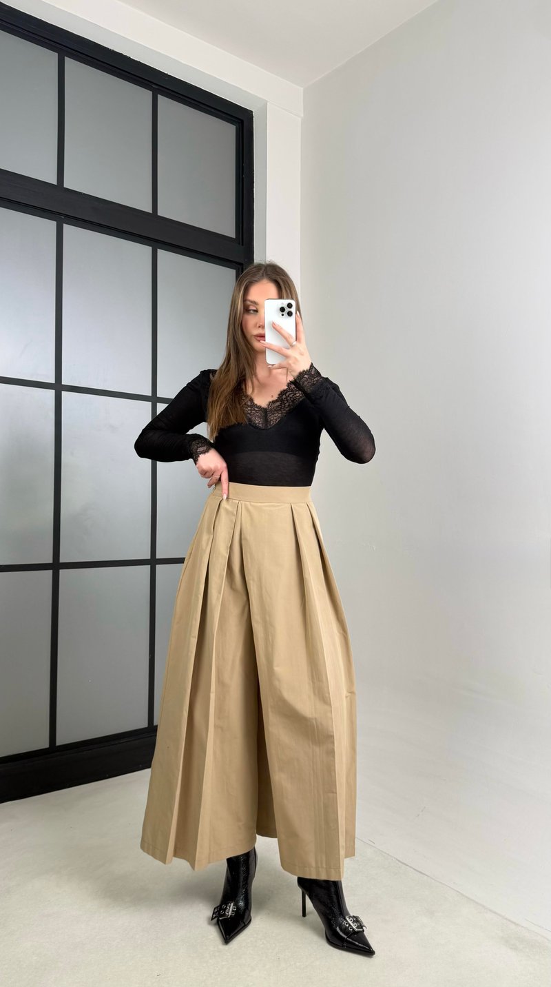 Camel Beli Lastikli Tasarım Etek Pantolon GAUS-00994