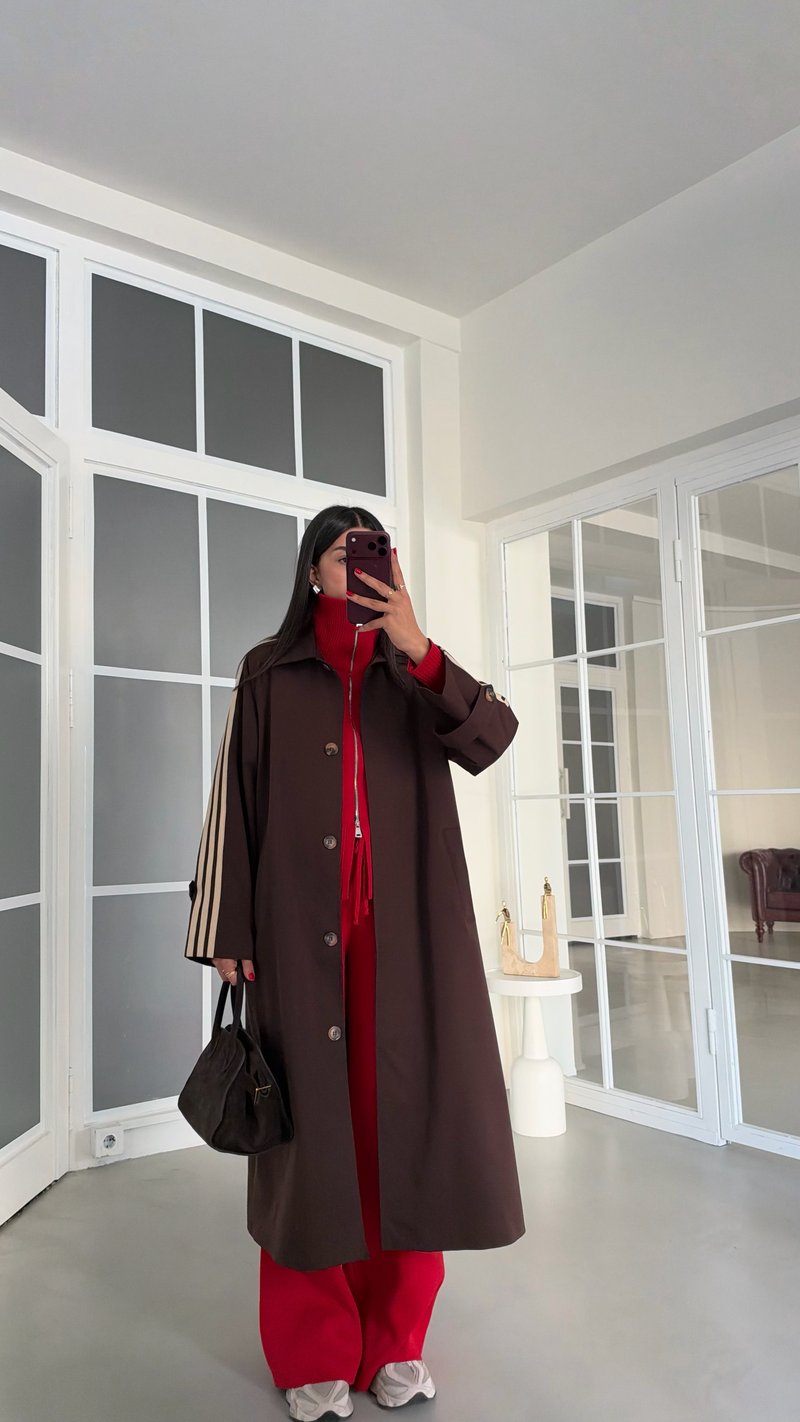 Acı Kahve Kol Şeritli Astarlı Trençkot GAUS-02245