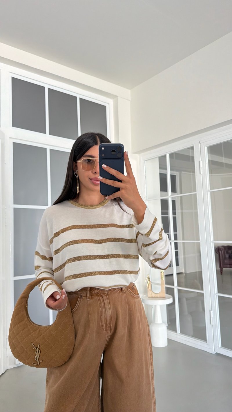 Krem Sim Şeritli Triko Bluz GAUS-02024